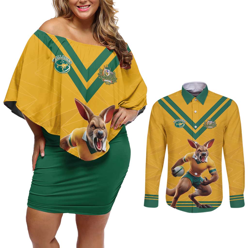 Custom Australia Rugby Couples Matching Off Shoulder Short Dress and Long Sleeve Button Shirt Wallabies Mascot Sporty Style - Aussie Hoodie