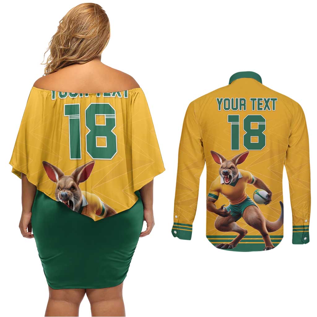 Custom Australia Rugby Couples Matching Off Shoulder Short Dress and Long Sleeve Button Shirt Wallabies Mascot Sporty Style - Aussie Hoodie