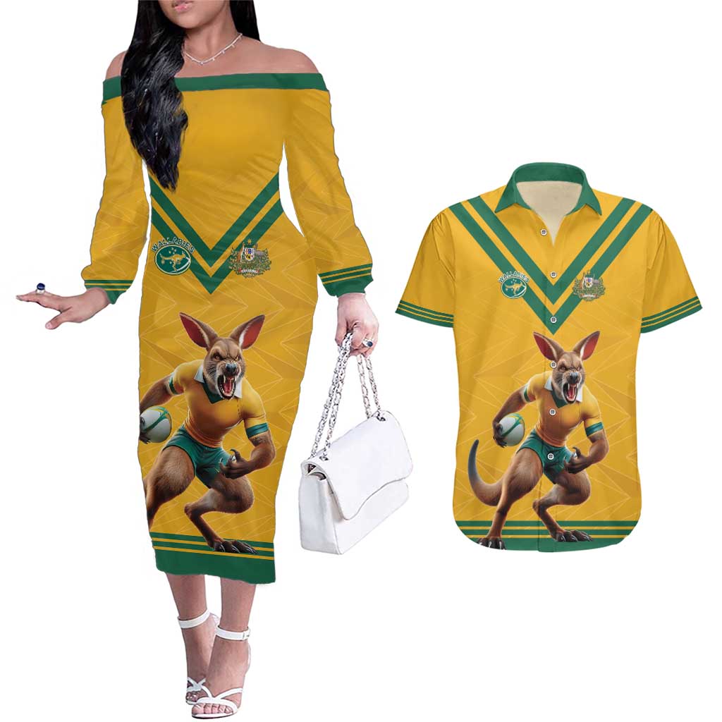 Custom Australia Rugby Couples Matching Off The Shoulder Long Sleeve Dress and Hawaiian Shirt Wallabies Mascot Sporty Style - Aussie Hoodie