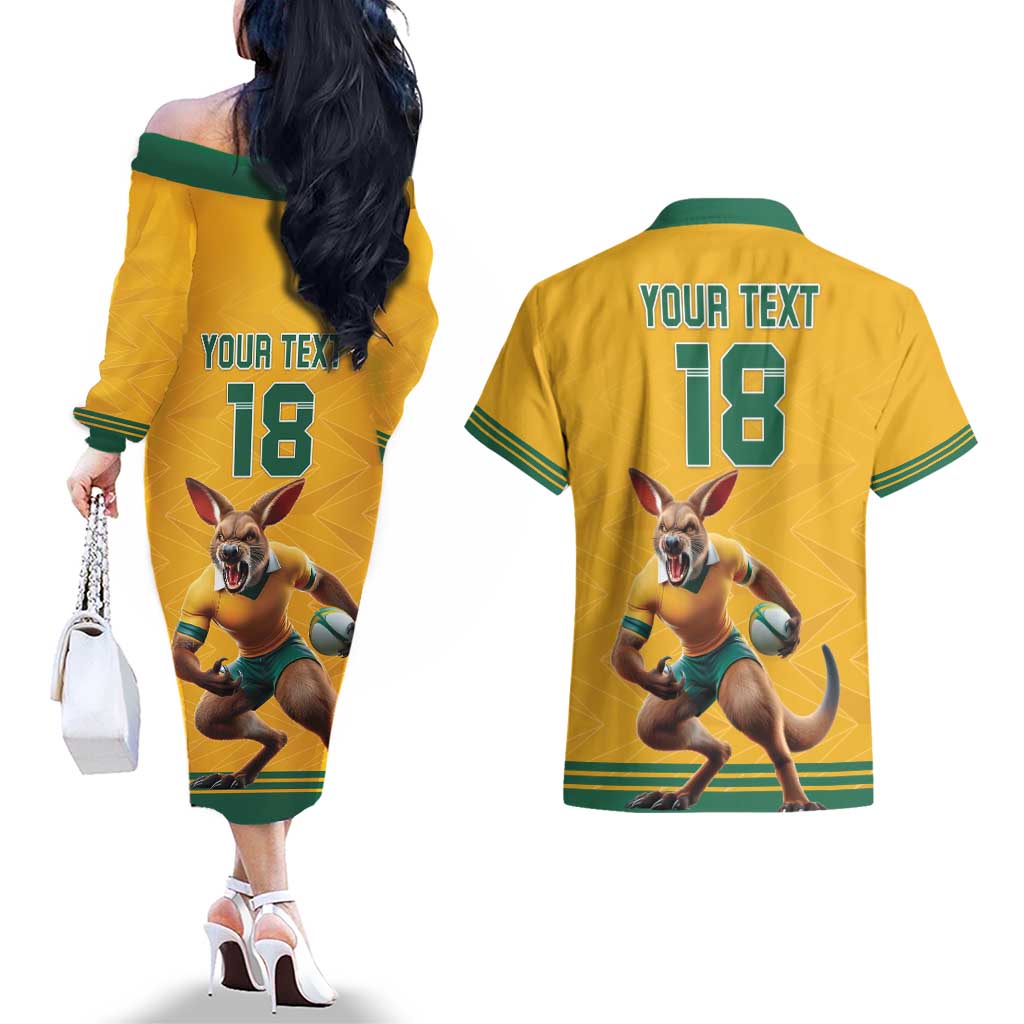 Custom Australia Rugby Couples Matching Off The Shoulder Long Sleeve Dress and Hawaiian Shirt Wallabies Mascot Sporty Style - Aussie Hoodie