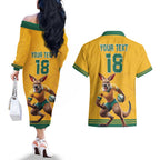 Custom Australia Rugby Couples Matching Off The Shoulder Long Sleeve Dress and Hawaiian Shirt Wallabies Mascot Sporty Style - Aussie Hoodie