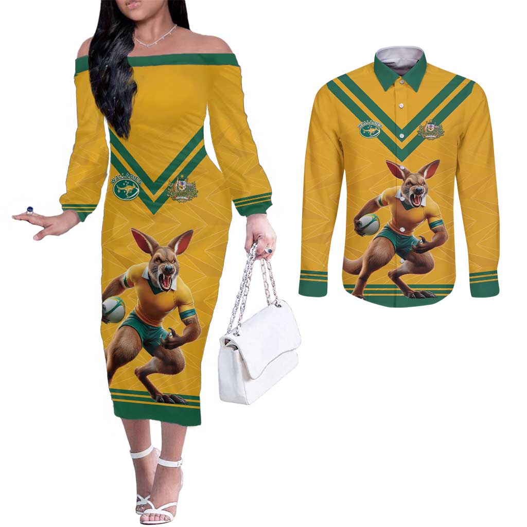 Custom Australia Rugby Couples Matching Off The Shoulder Long Sleeve Dress and Long Sleeve Button Shirt Wallabies Mascot Sporty Style - Aussie Hoodie