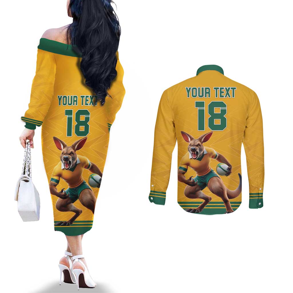 Custom Australia Rugby Couples Matching Off The Shoulder Long Sleeve Dress and Long Sleeve Button Shirt Wallabies Mascot Sporty Style - Aussie Hoodie