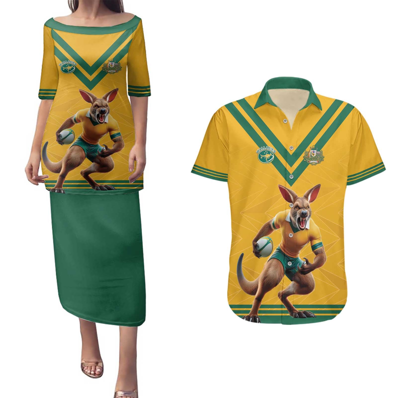 Custom Australia Rugby Couples Matching Puletasi and Hawaiian Shirt Wallabies Mascot Sporty Style - Aussie Hoodie