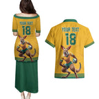 Custom Australia Rugby Couples Matching Puletasi and Hawaiian Shirt Wallabies Mascot Sporty Style - Aussie Hoodie