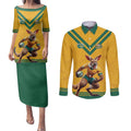 Custom Australia Rugby Couples Matching Puletasi and Long Sleeve Button Shirt Wallabies Mascot Sporty Style - Aussie Hoodie