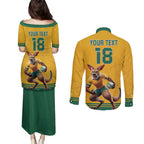 Custom Australia Rugby Couples Matching Puletasi and Long Sleeve Button Shirt Wallabies Mascot Sporty Style - Aussie Hoodie