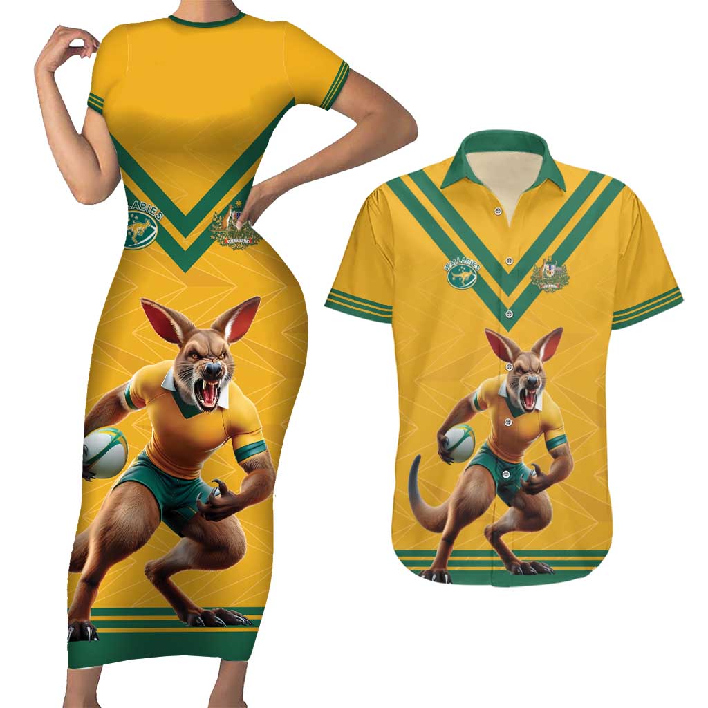 Custom Australia Rugby Couples Matching Short Sleeve Bodycon Dress and Hawaiian Shirt Wallabies Mascot Sporty Style - Aussie Hoodie