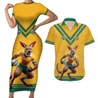 Custom Australia Rugby Couples Matching Short Sleeve Bodycon Dress and Hawaiian Shirt Wallabies Mascot Sporty Style - Aussie Hoodie