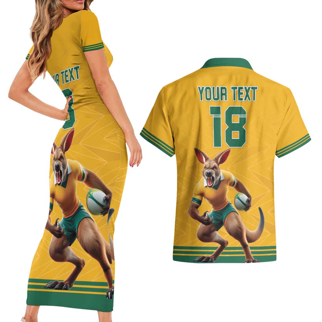 Custom Australia Rugby Couples Matching Short Sleeve Bodycon Dress and Hawaiian Shirt Wallabies Mascot Sporty Style - Aussie Hoodie