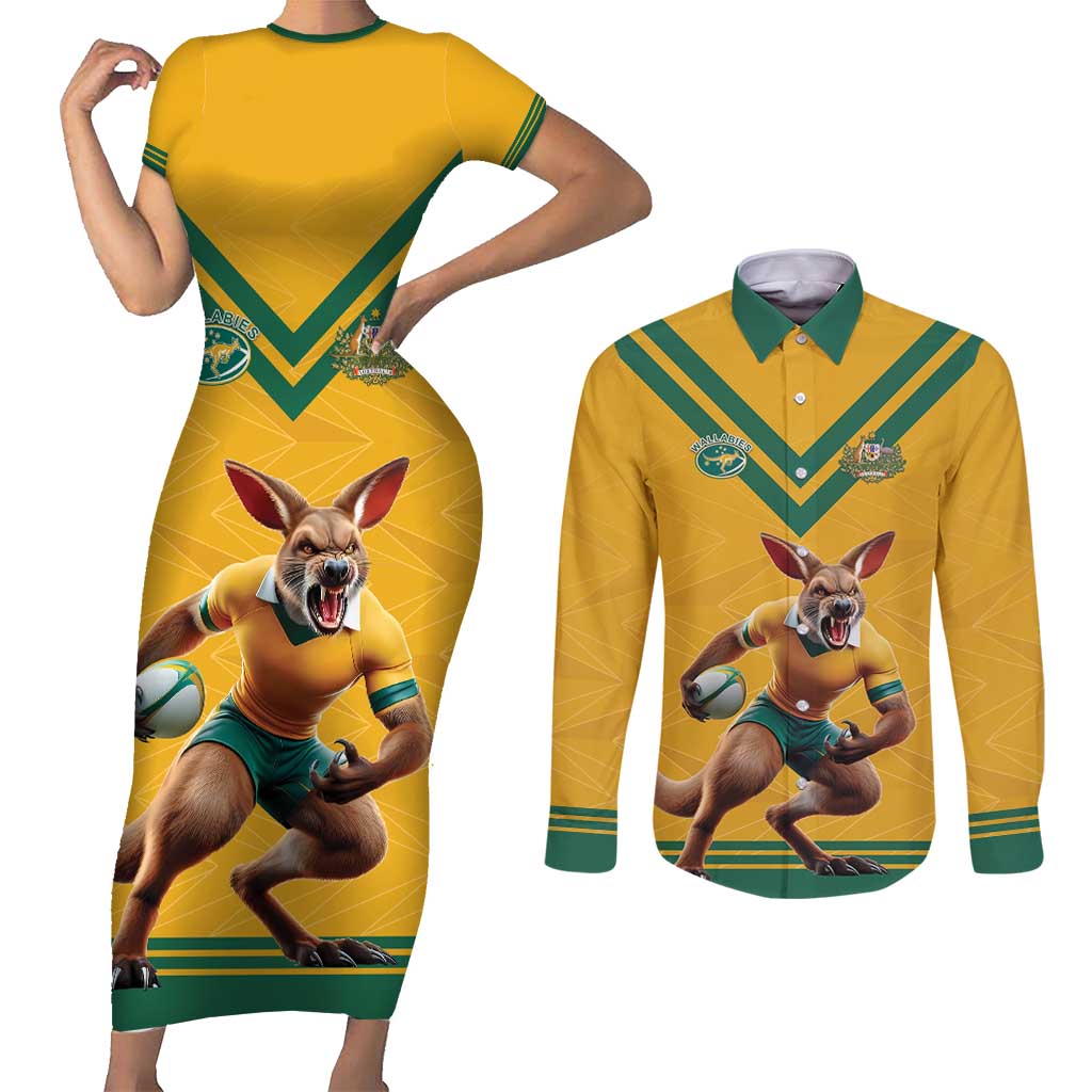 Custom Australia Rugby Couples Matching Short Sleeve Bodycon Dress and Long Sleeve Button Shirt Wallabies Mascot Sporty Style - Aussie Hoodie