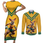 Custom Australia Rugby Couples Matching Short Sleeve Bodycon Dress and Long Sleeve Button Shirt Wallabies Mascot Sporty Style - Aussie Hoodie