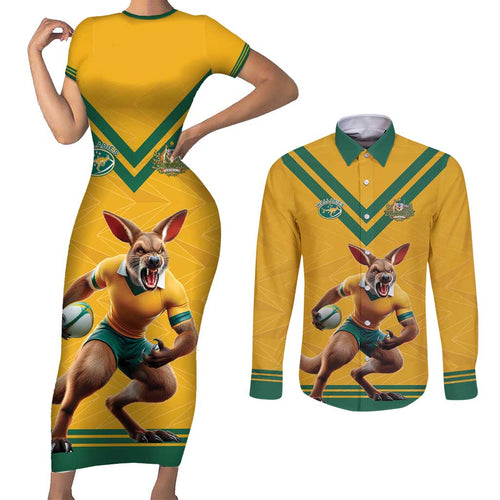 Custom Australia Rugby Couples Matching Short Sleeve Bodycon Dress and Long Sleeve Button Shirt Wallabies Mascot Sporty Style - Aussie Hoodie
