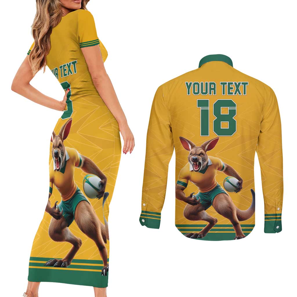Custom Australia Rugby Couples Matching Short Sleeve Bodycon Dress and Long Sleeve Button Shirt Wallabies Mascot Sporty Style - Aussie Hoodie