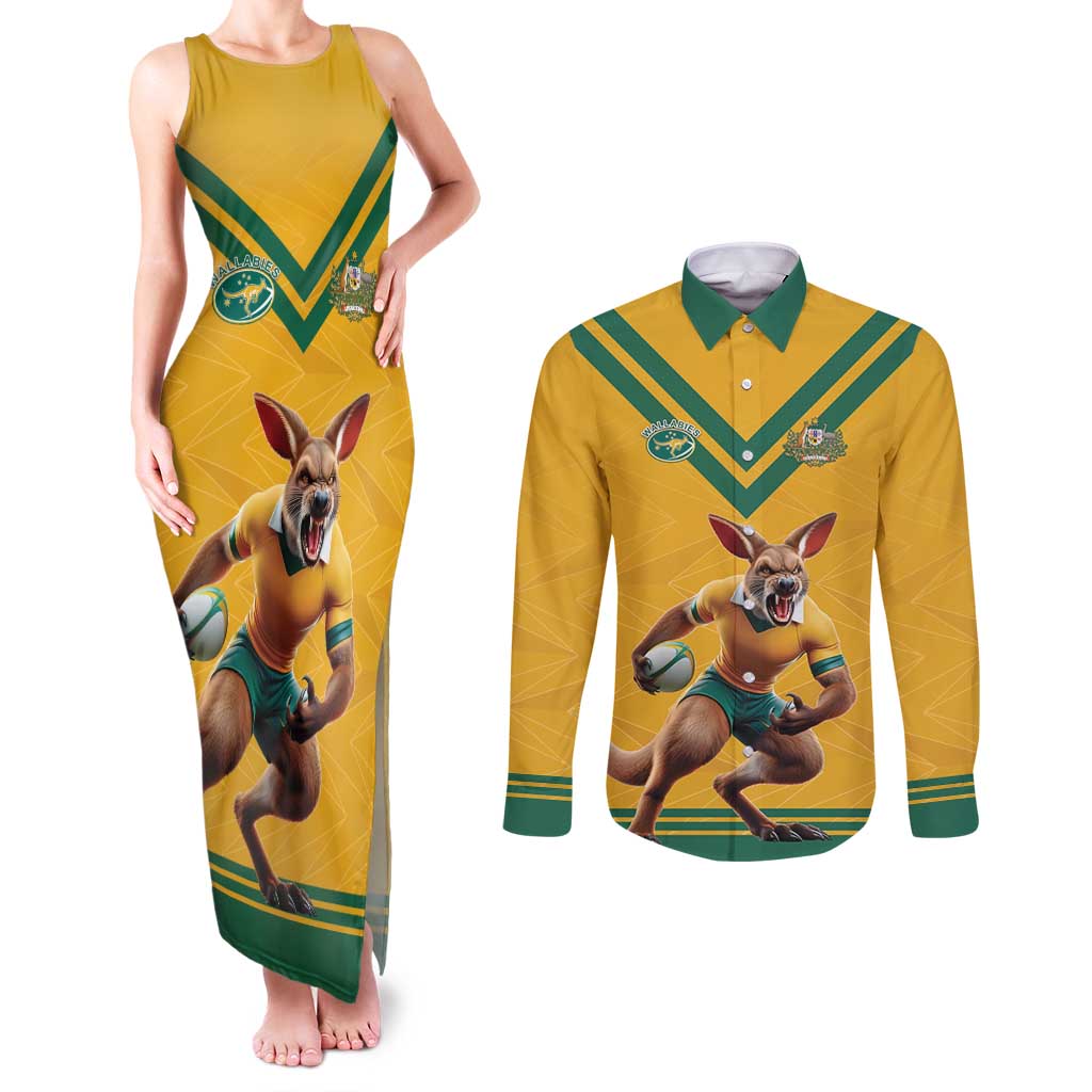Custom Australia Rugby Couples Matching Tank Maxi Dress and Long Sleeve Button Shirt Wallabies Mascot Sporty Style - Aussie Hoodie