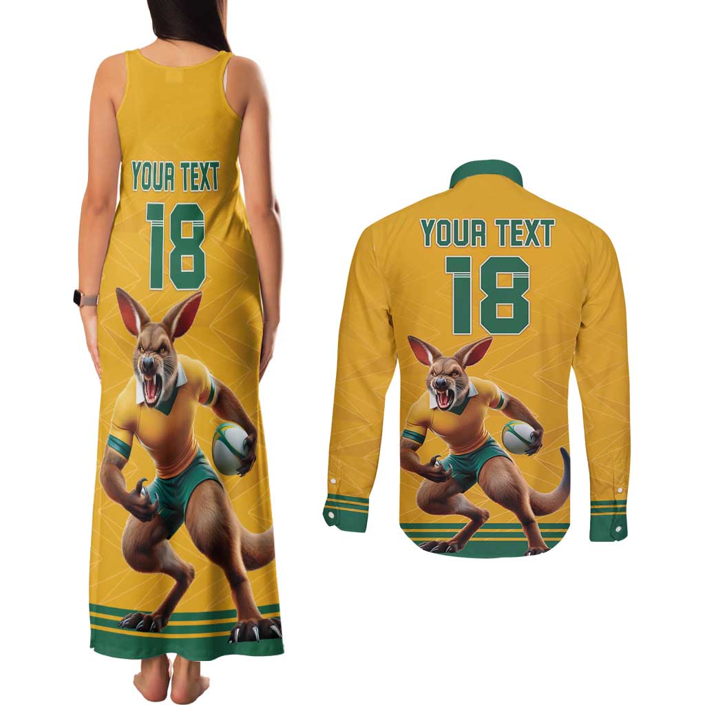 Custom Australia Rugby Couples Matching Tank Maxi Dress and Long Sleeve Button Shirt Wallabies Mascot Sporty Style - Aussie Hoodie