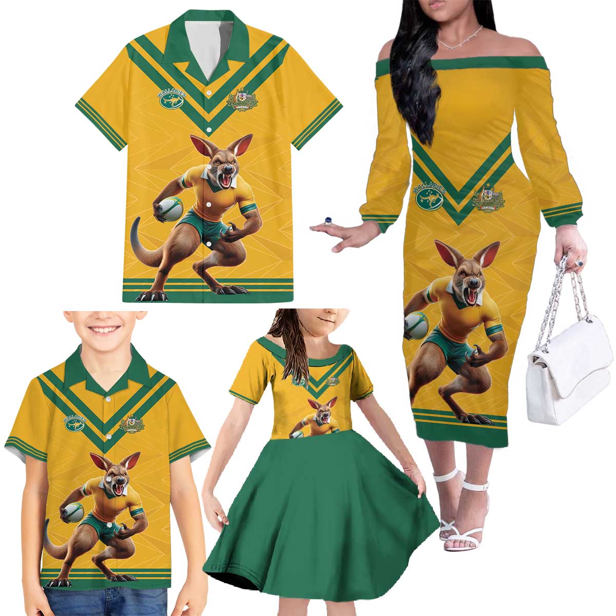 Custom Australia Rugby Family Matching Off The Shoulder Long Sleeve Dress and Hawaiian Shirt Wallabies Mascot Sporty Style - Aussie Hoodie