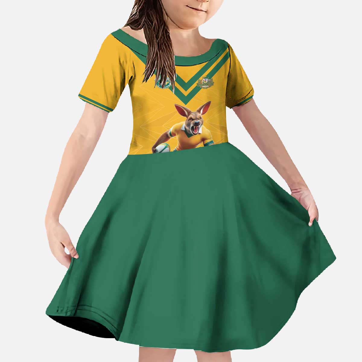 Custom Australia Rugby Family Matching Off The Shoulder Long Sleeve Dress and Hawaiian Shirt Wallabies Mascot Sporty Style - Aussie Hoodie
