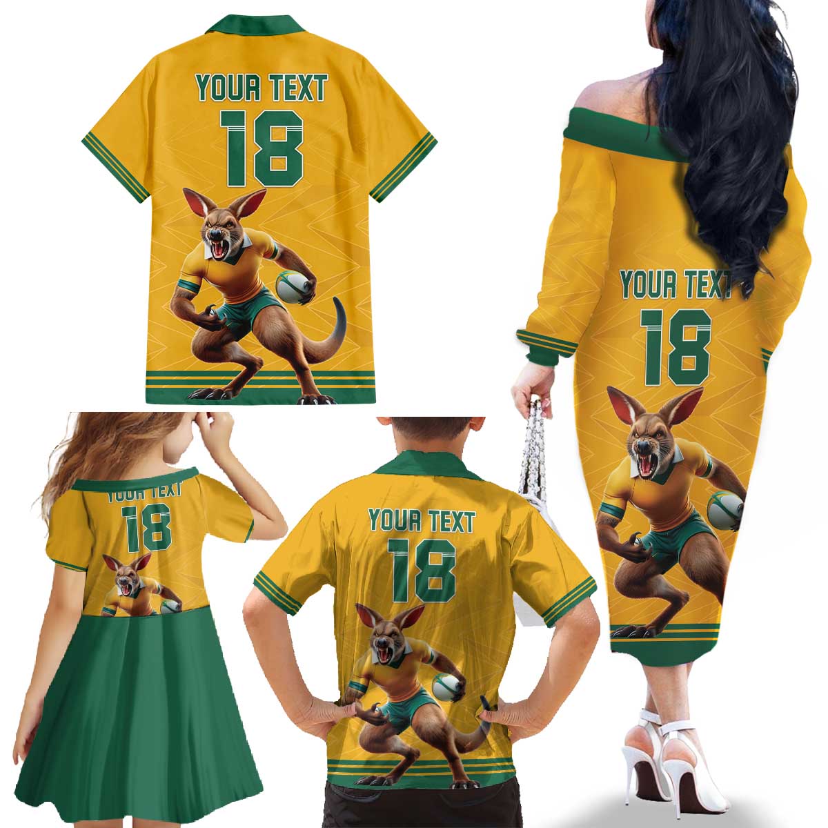 Custom Australia Rugby Family Matching Off The Shoulder Long Sleeve Dress and Hawaiian Shirt Wallabies Mascot Sporty Style - Aussie Hoodie