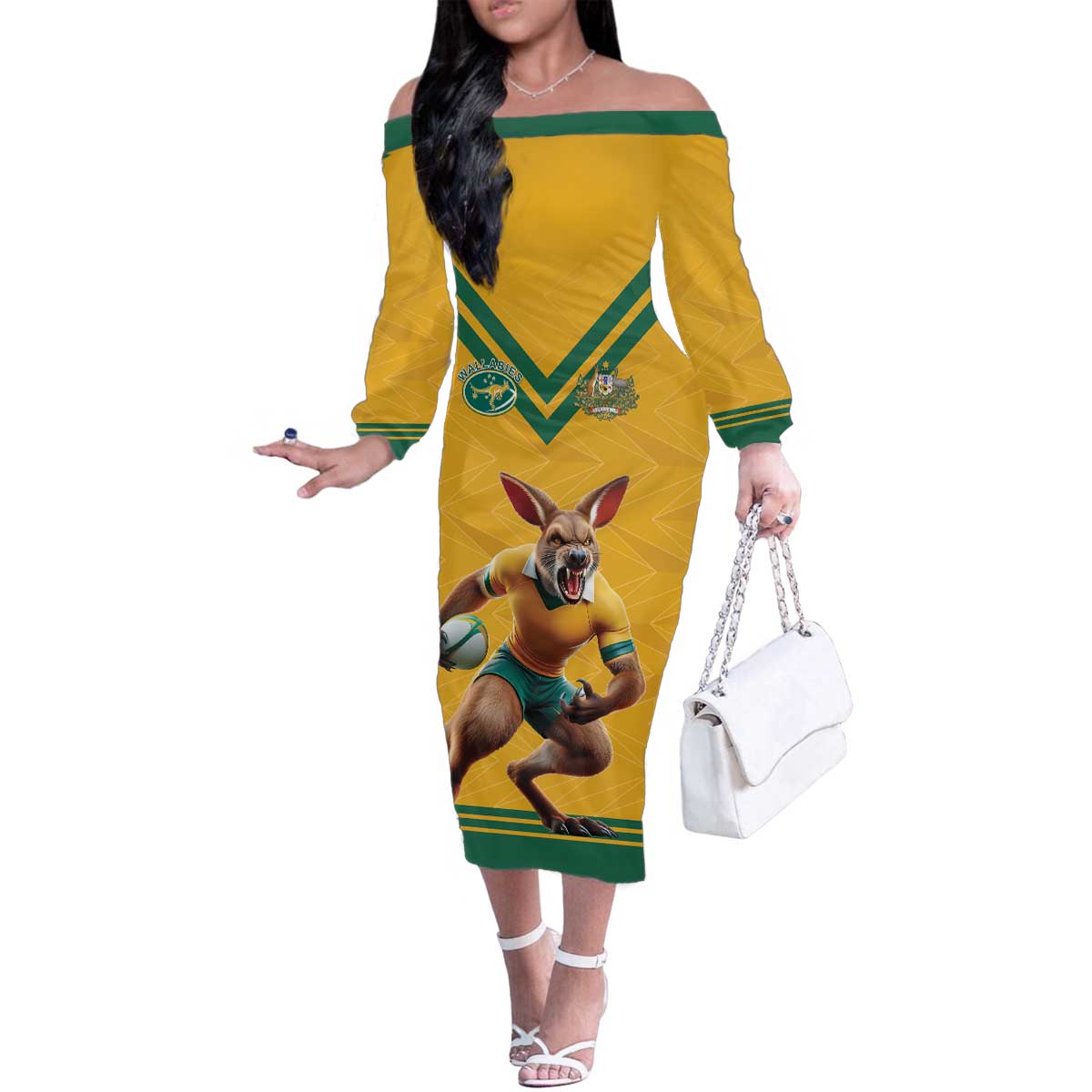Custom Australia Rugby Family Matching Off The Shoulder Long Sleeve Dress and Hawaiian Shirt Wallabies Mascot Sporty Style - Aussie Hoodie