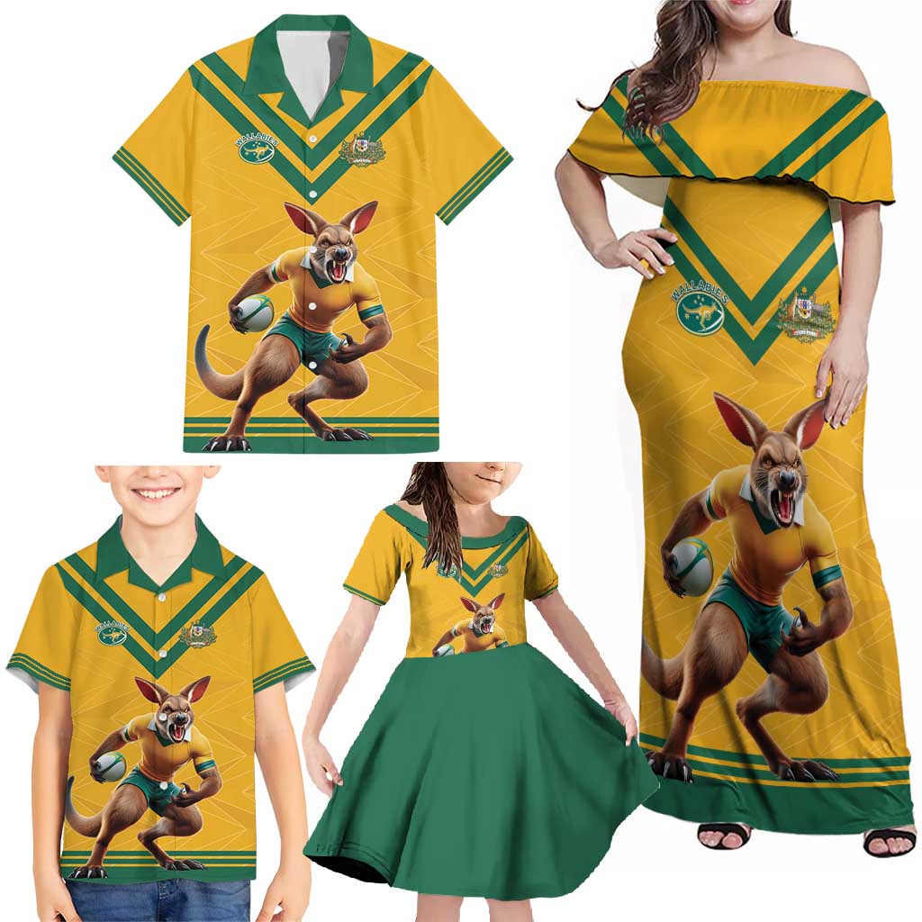 Custom Australia Rugby Family Matching Off Shoulder Maxi Dress and Hawaiian Shirt Wallabies Mascot Sporty Style - Aussie Hoodie