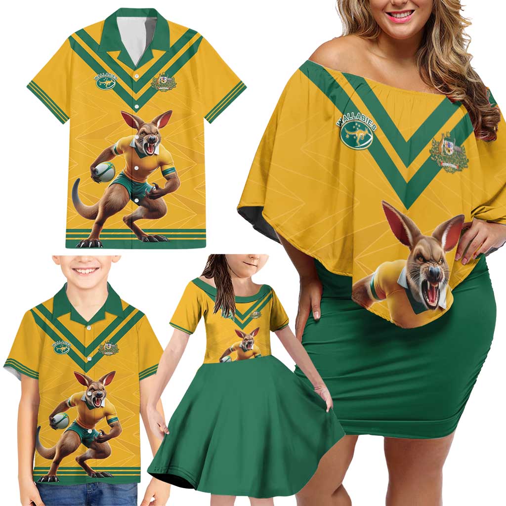 Custom Australia Rugby Family Matching Off Shoulder Short Dress and Hawaiian Shirt Wallabies Mascot Sporty Style - Aussie Hoodie