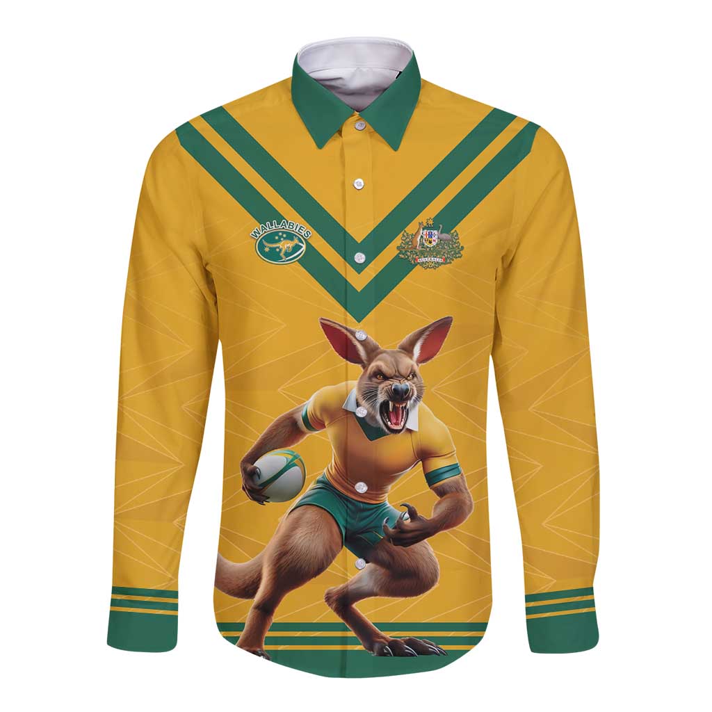 Custom Australia Rugby Long Sleeve Button Shirt Wallabies Mascot Sporty Style - Aussie Hoodie
