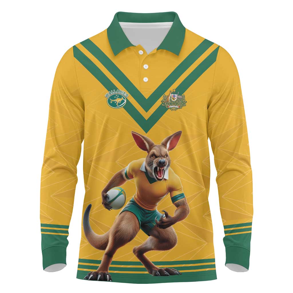 Custom Australia Rugby Long Sleeve Polo Shirt Wallabies Mascot Sporty Style - Aussie Hoodie