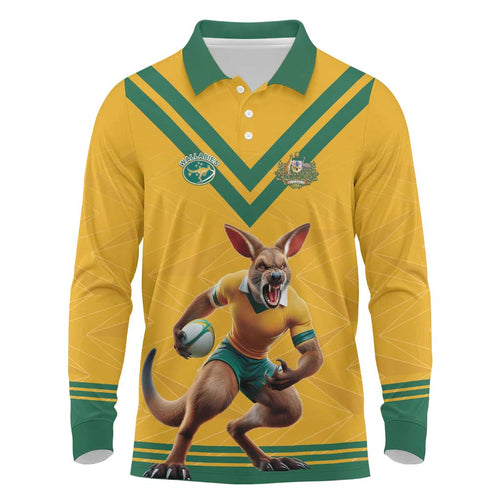 Custom Australia Rugby Long Sleeve Polo Shirt Wallabies Mascot Sporty Style - Aussie Hoodie