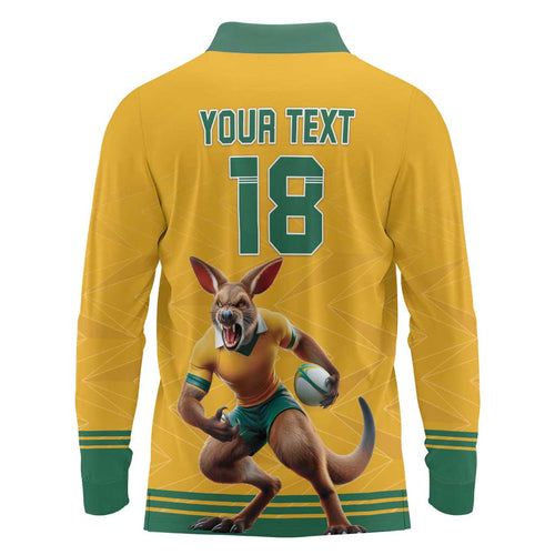 Custom Australia Rugby Long Sleeve Polo Shirt Wallabies Mascot Sporty Style - Aussie Hoodie