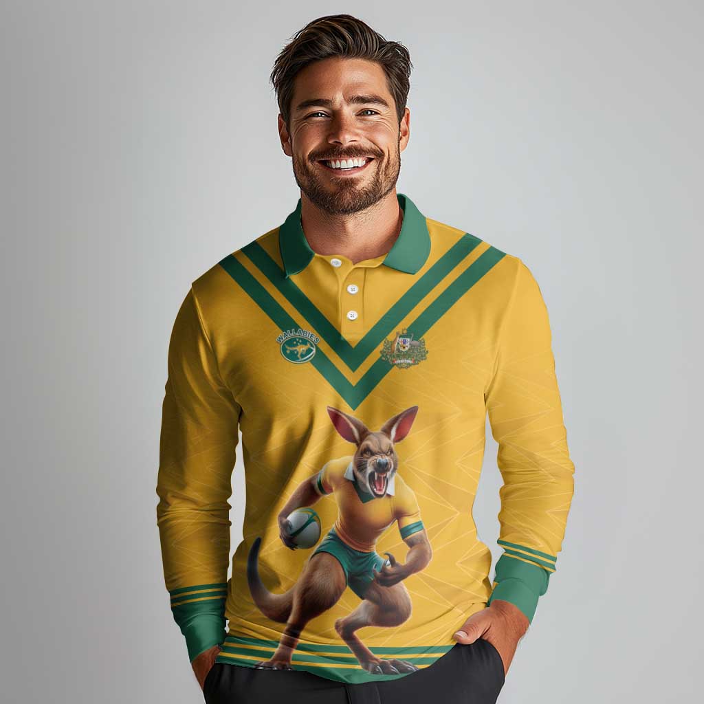 Custom Australia Rugby Long Sleeve Polo Shirt Wallabies Mascot Sporty Style - Aussie Hoodie