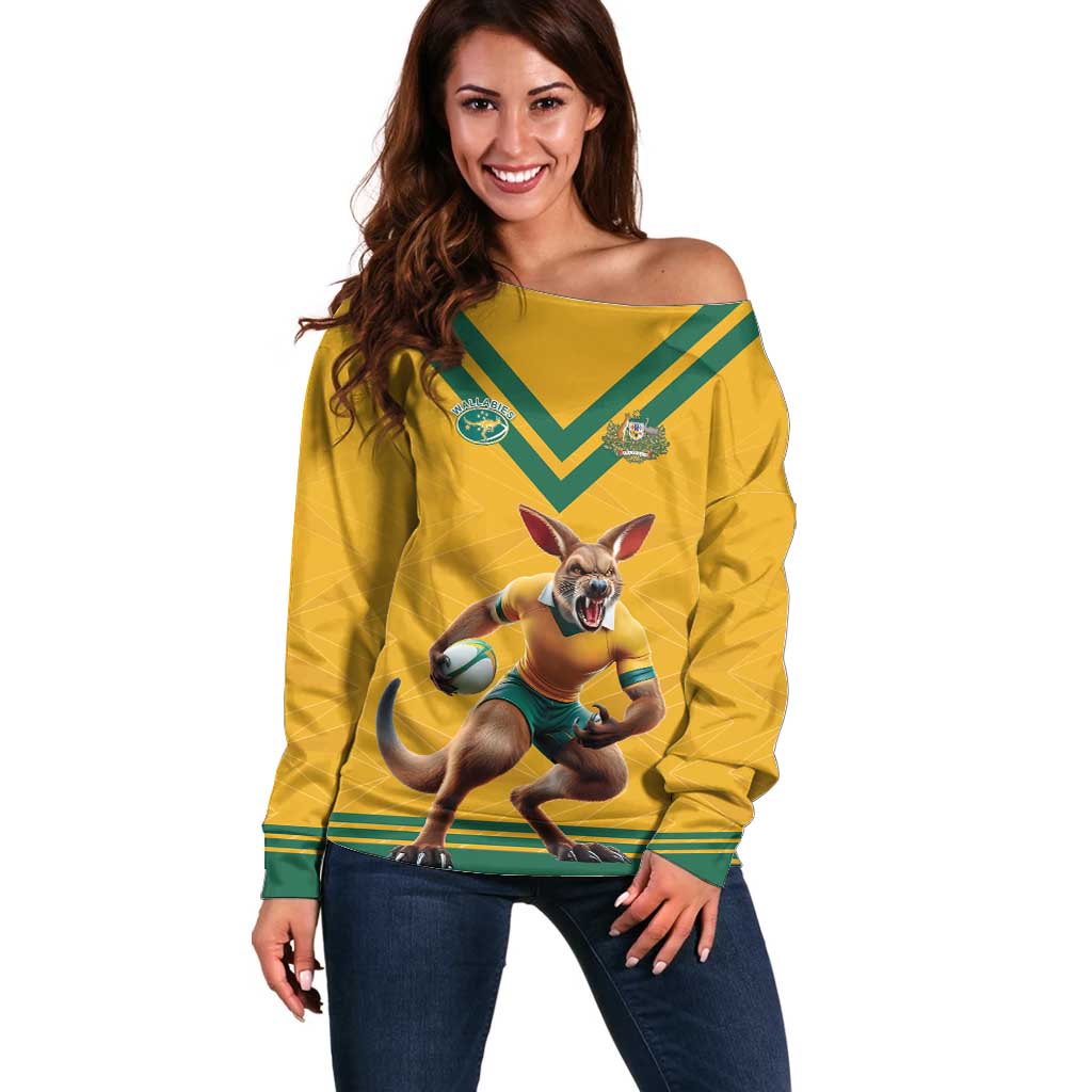 Custom Australia Rugby Off Shoulder Sweater Wallabies Mascot Sporty Style - Aussie Hoodie