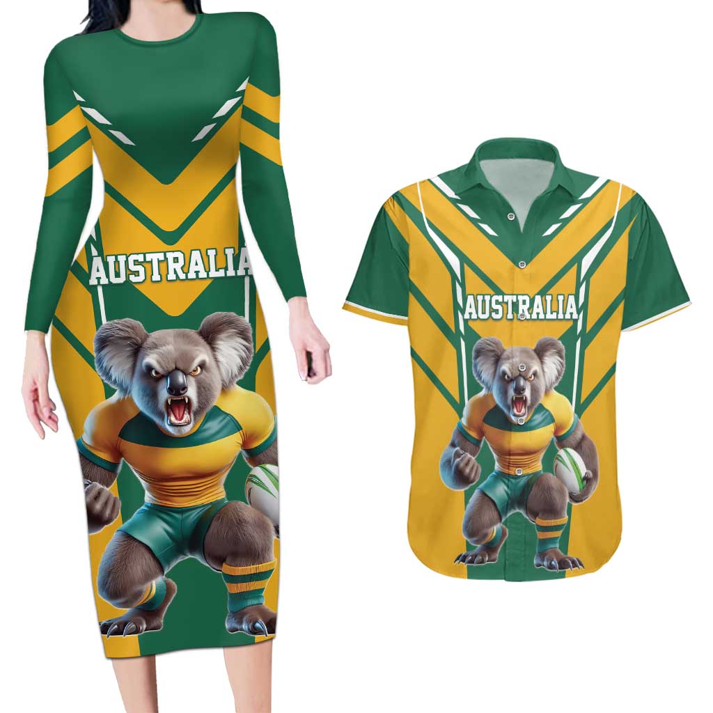 Custom Australia Rugby Couples Matching Long Sleeve Bodycon Dress and Hawaiian Shirt Koala Mascot Sporty Style - Aussie Hoodie