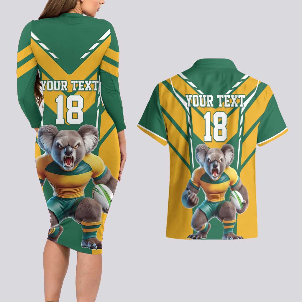 Custom Australia Rugby Couples Matching Long Sleeve Bodycon Dress and Hawaiian Shirt Koala Mascot Sporty Style - Aussie Hoodie