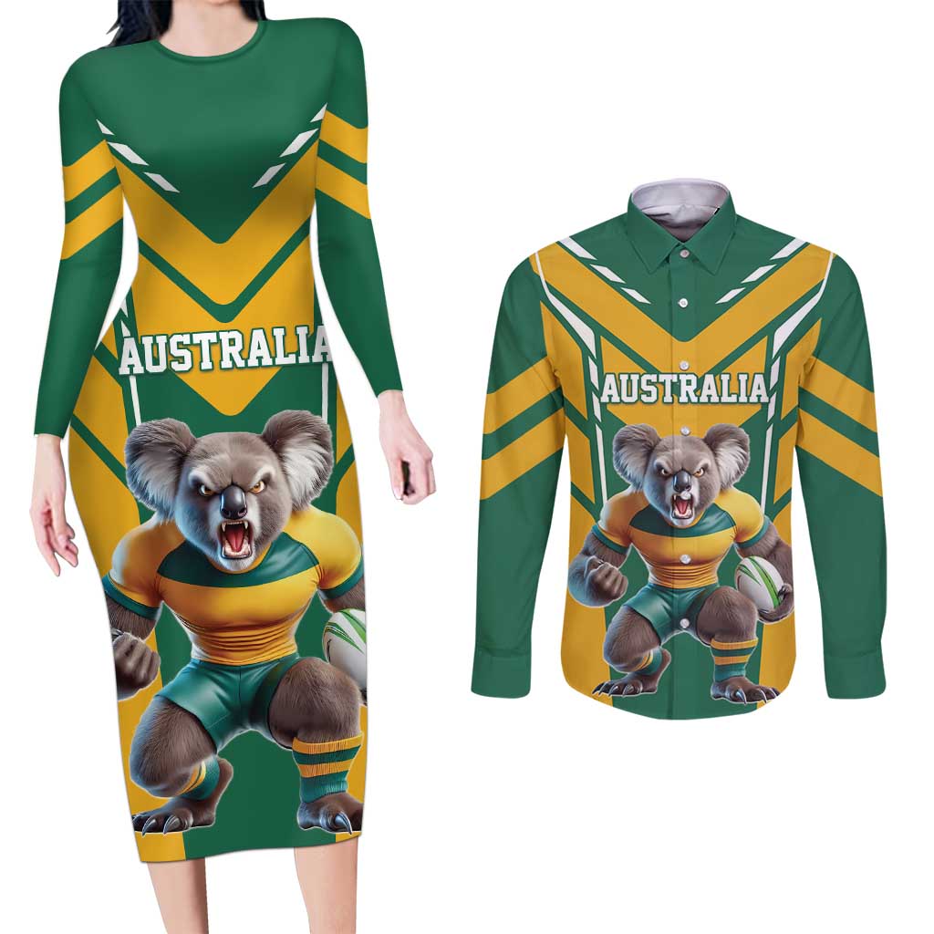 Custom Australia Rugby Couples Matching Long Sleeve Bodycon Dress and Long Sleeve Button Shirt Koala Mascot Sporty Style - Aussie Hoodie