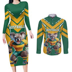 Custom Australia Rugby Couples Matching Long Sleeve Bodycon Dress and Long Sleeve Button Shirt Koala Mascot Sporty Style - Aussie Hoodie