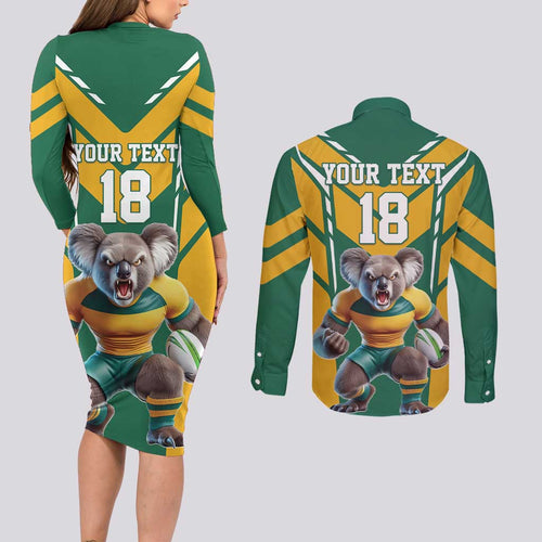 Custom Australia Rugby Couples Matching Long Sleeve Bodycon Dress and Long Sleeve Button Shirt Koala Mascot Sporty Style - Aussie Hoodie