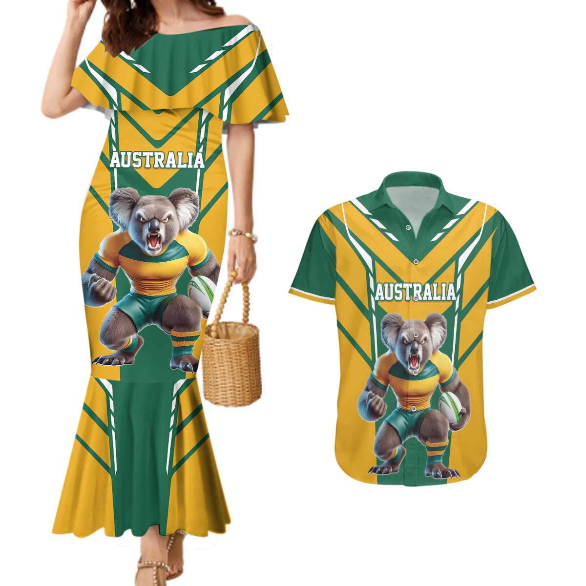 Custom Australia Rugby Couples Matching Mermaid Dress and Hawaiian Shirt Koala Mascot Sporty Style - Aussie Hoodie