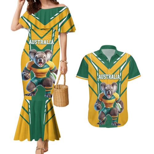 Custom Australia Rugby Couples Matching Mermaid Dress and Hawaiian Shirt Koala Mascot Sporty Style - Aussie Hoodie
