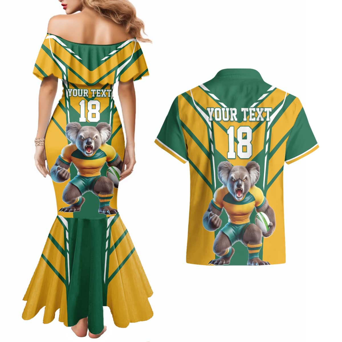Custom Australia Rugby Couples Matching Mermaid Dress and Hawaiian Shirt Koala Mascot Sporty Style - Aussie Hoodie