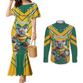 Custom Australia Rugby Couples Matching Mermaid Dress and Long Sleeve Button Shirt Koala Mascot Sporty Style - Aussie Hoodie