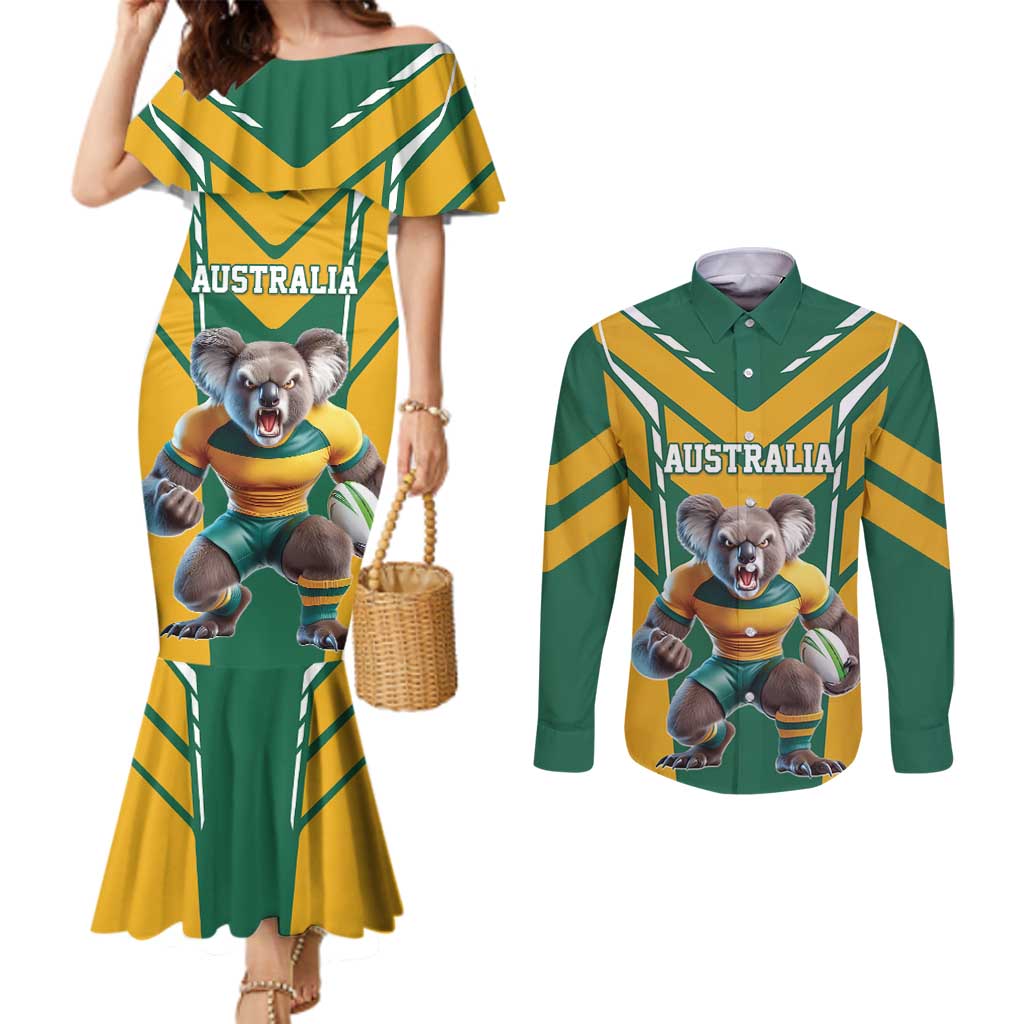 Custom Australia Rugby Couples Matching Mermaid Dress and Long Sleeve Button Shirt Koala Mascot Sporty Style - Aussie Hoodie