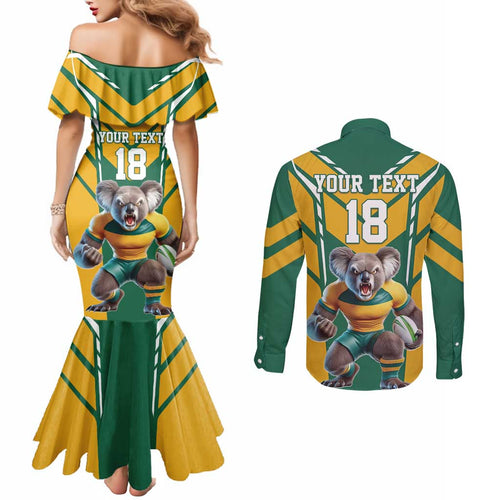 Custom Australia Rugby Couples Matching Mermaid Dress and Long Sleeve Button Shirt Koala Mascot Sporty Style - Aussie Hoodie