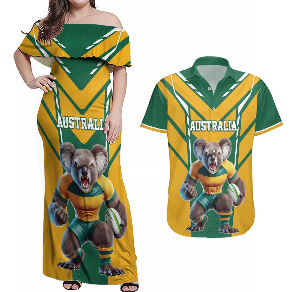 Custom Australia Rugby Couples Matching Off Shoulder Maxi Dress and Hawaiian Shirt Koala Mascot Sporty Style - Aussie Hoodie