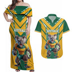 Custom Australia Rugby Couples Matching Off Shoulder Maxi Dress and Hawaiian Shirt Koala Mascot Sporty Style - Aussie Hoodie
