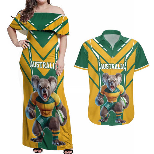 Custom Australia Rugby Couples Matching Off Shoulder Maxi Dress and Hawaiian Shirt Koala Mascot Sporty Style - Aussie Hoodie