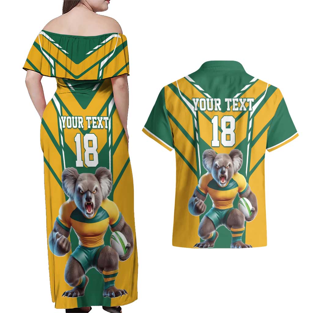 Custom Australia Rugby Couples Matching Off Shoulder Maxi Dress and Hawaiian Shirt Koala Mascot Sporty Style - Aussie Hoodie