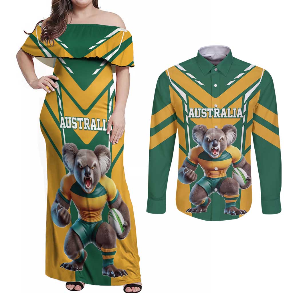 Custom Australia Rugby Couples Matching Off Shoulder Maxi Dress and Long Sleeve Button Shirt Koala Mascot Sporty Style - Aussie Hoodie