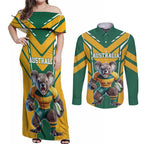 Custom Australia Rugby Couples Matching Off Shoulder Maxi Dress and Long Sleeve Button Shirt Koala Mascot Sporty Style - Aussie Hoodie