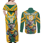 Custom Australia Rugby Couples Matching Off Shoulder Maxi Dress and Long Sleeve Button Shirt Koala Mascot Sporty Style - Aussie Hoodie